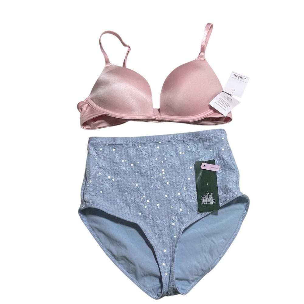 Auden Pink Push Up Bra 32B & Wild Fable Blue Sequin Lace Panties XXS NWT Set